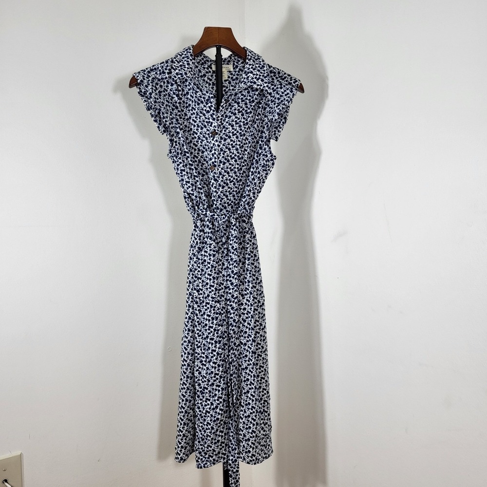 Monteau Los Angeles Navy White Floral Button Front Midi Dress Ruffle Sleeve M